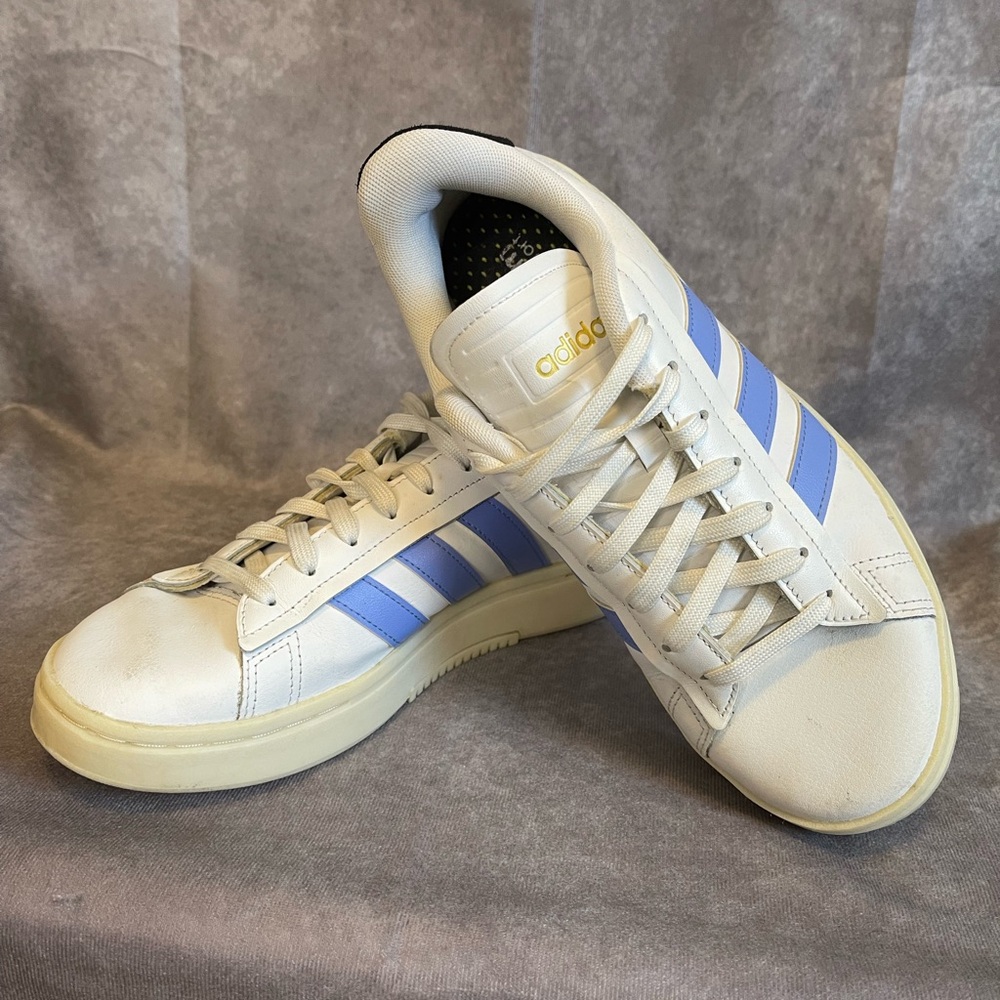 Adidas Women’s White Sneakers with Blue Stripes